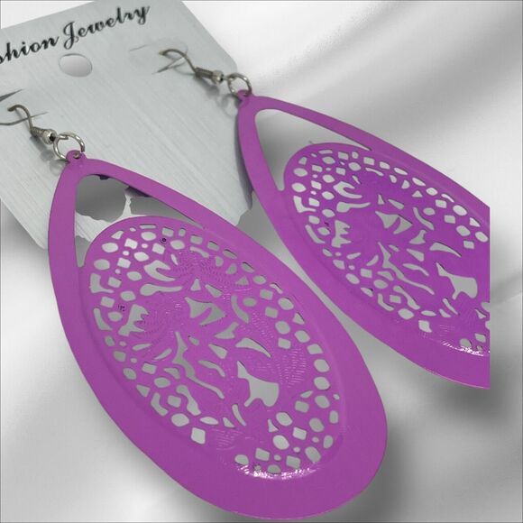 Vintage Purple Tone Open Work Drop Earrings Style Chic Fashion Elegant VTG NWOT - Picture 4 of 10